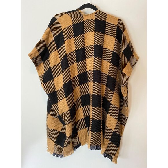 Loft Plaid Poncho Set Of 2 Black & Tan Red & White Fringed Hem Small - Picture 3 of 13